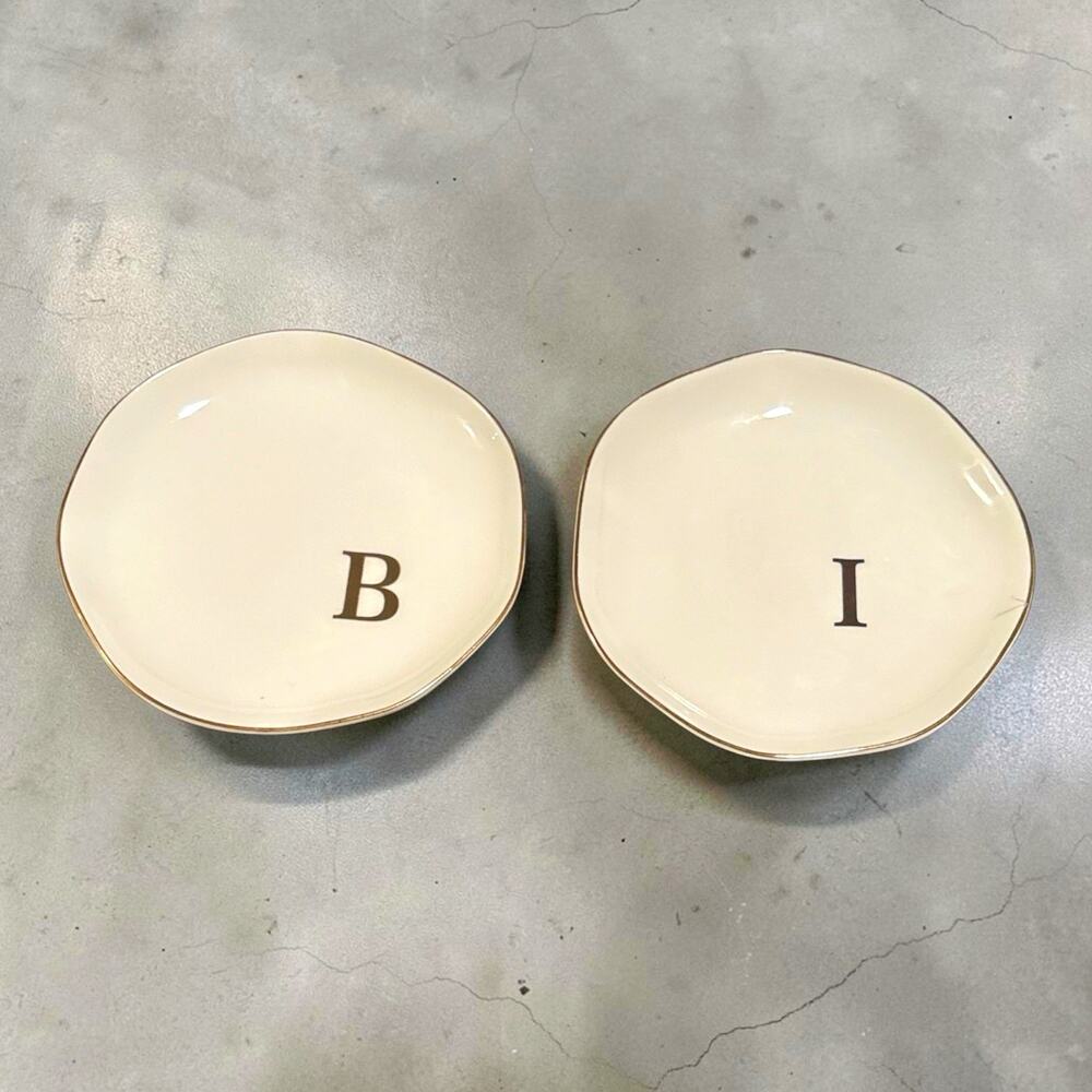 Ceramic Gold Edge Side Plates Set of 2 Letter Pattern "B" & "I" Round 4in Smooth
